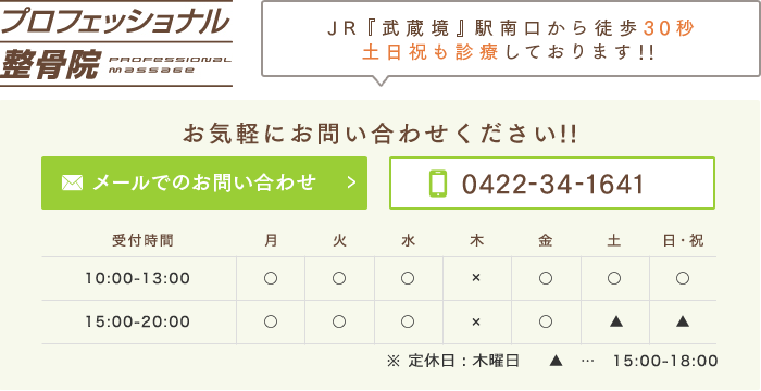 プロフェッショナル 整骨院PROFESSIONAL MASSAGE JR『武蔵境』駅南口から徒歩30秒 土日祝も診療しております!! お気軽にお問い合わせください!! 0422-34-1641